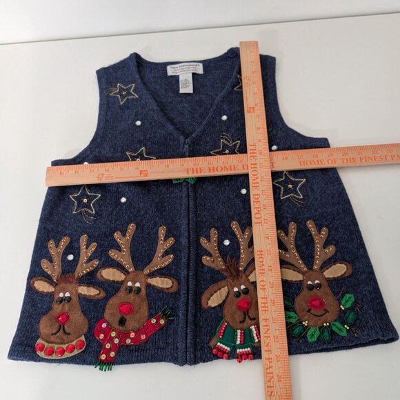 Tiara International Reindeer Embellished Sweater Vest Womens Size Large Blue Zip - Picture 9 of 11